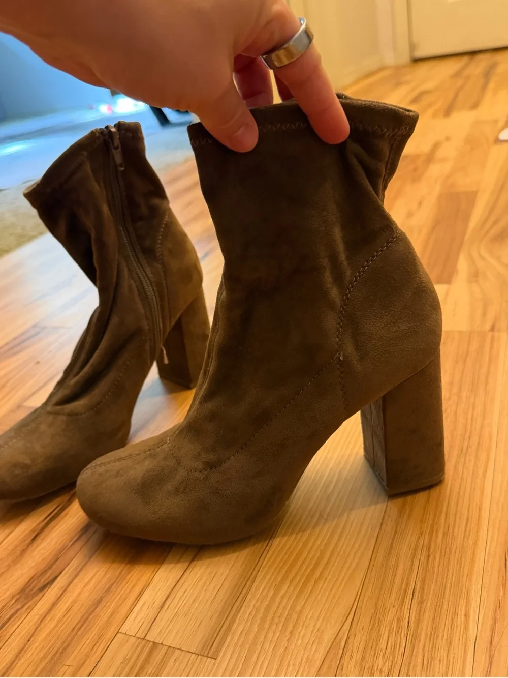Women's Taupe Suede Block Heel Ankle Boots